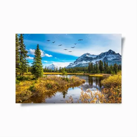 Poster herbstlicher bergsee mit vögeln – Pixers®