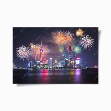 Poster Shanghai skyline mit feuerwerk über dem Huangpu – Pixers®