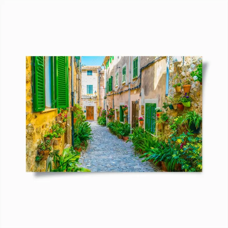 Poster sonnige gasse mit grünen fensterläden