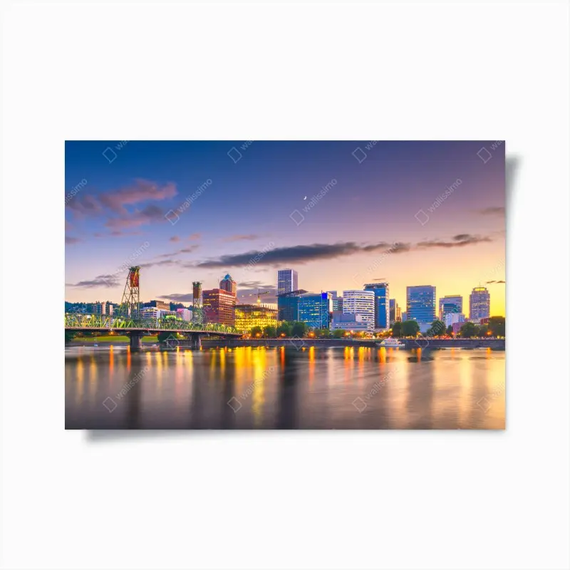 Poster Portland skyline in der dämmerung über dem Willamette