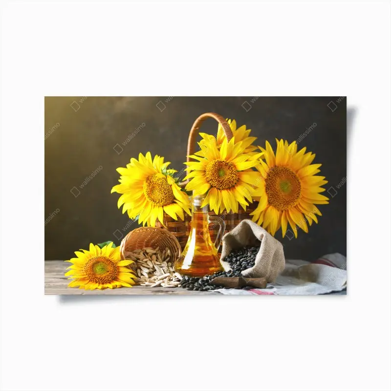 Poster leuchtendes stillleben mit sonnenblumen, kernen und öl