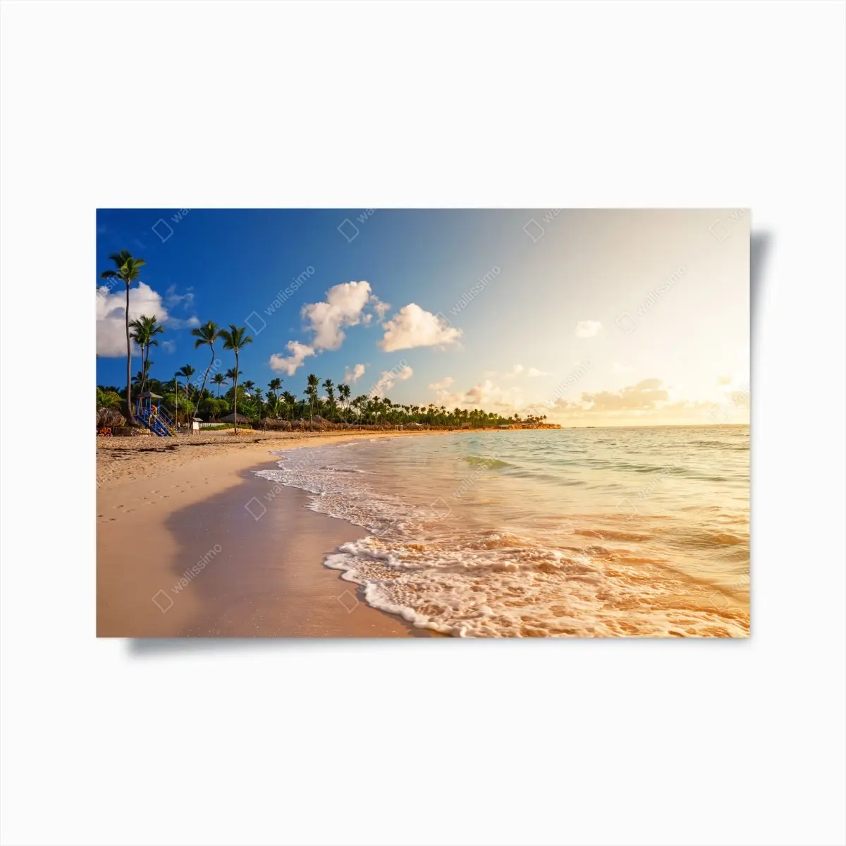 Poster tropischer sonnenuntergang am strand mit palmensilhouetten – Pixers®