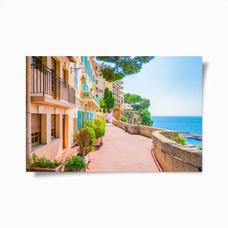Poster mediterrane promenade mit pastellfarbenen häusern