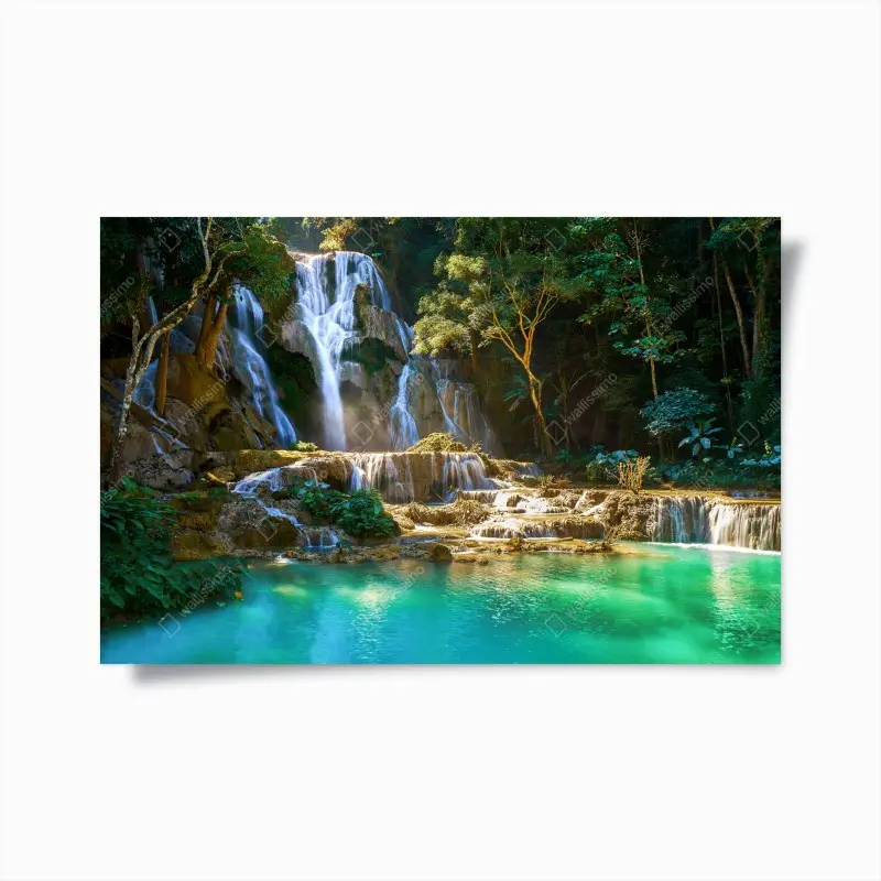 Poster türkisfarbener wasserfall im üppigen wald