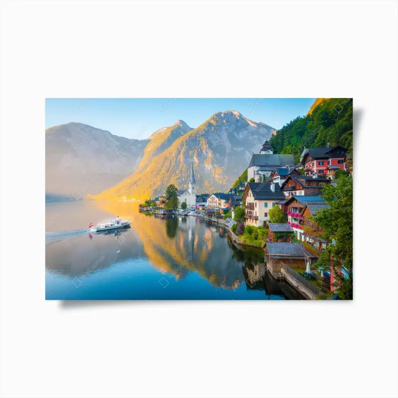 Poster morgendlicher lichtglanz über Hallstatt am see