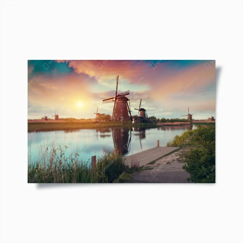 Poster sonnenuntergang über windmühlen in den Niederlanden