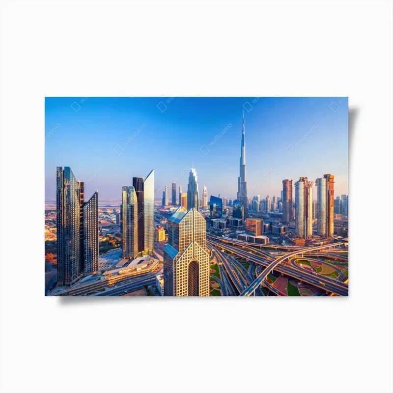Poster panorama Dubais mit Burj Khalifa bei sonnenuntergang