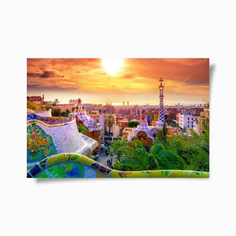 Poster sonnenuntergang über Park Güell in Barcelona