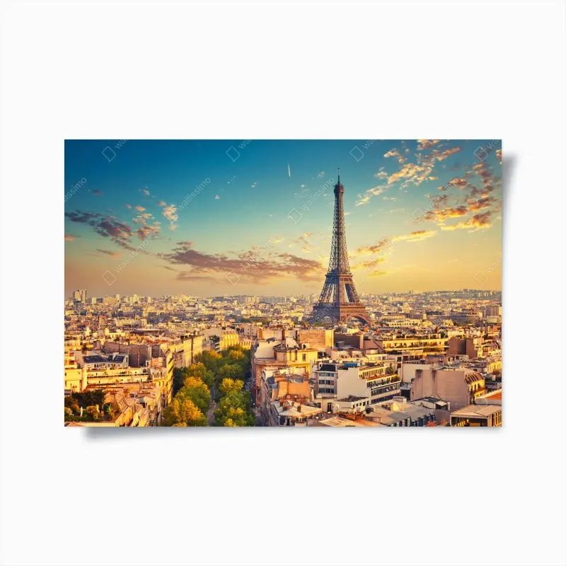 Poster sonnenuntergang über Paris skyline mit eiffelturm