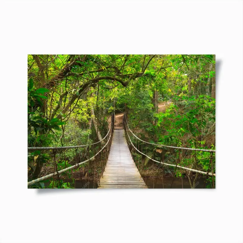 Poster hängende holzbrücke im grünen wald