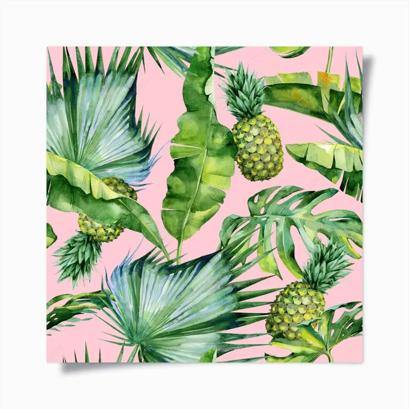 Poster tropisches ananas- und blattmuster in aquarell auf rosa hintergrund