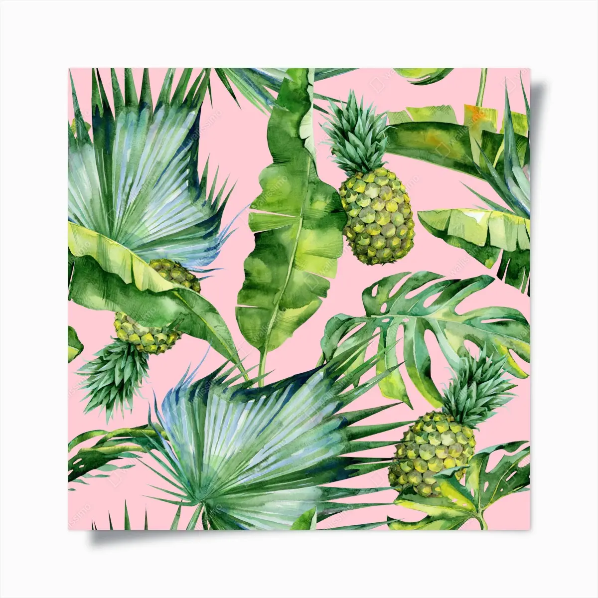 Poster tropisches ananas- und blattmuster in aquarell auf rosa hintergrund – Pixers®