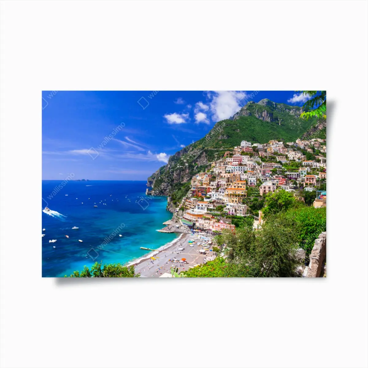 Poster sonnige panoramaaufnahme von Positano an der Amalfiküste – Pixers®