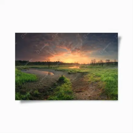 Poster sonnenuntergang über einer ruhigen wiese – Pixers®