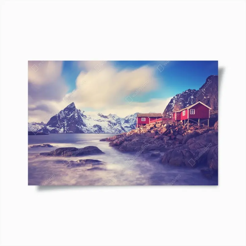 Poster küstengebirge mit roten hütten