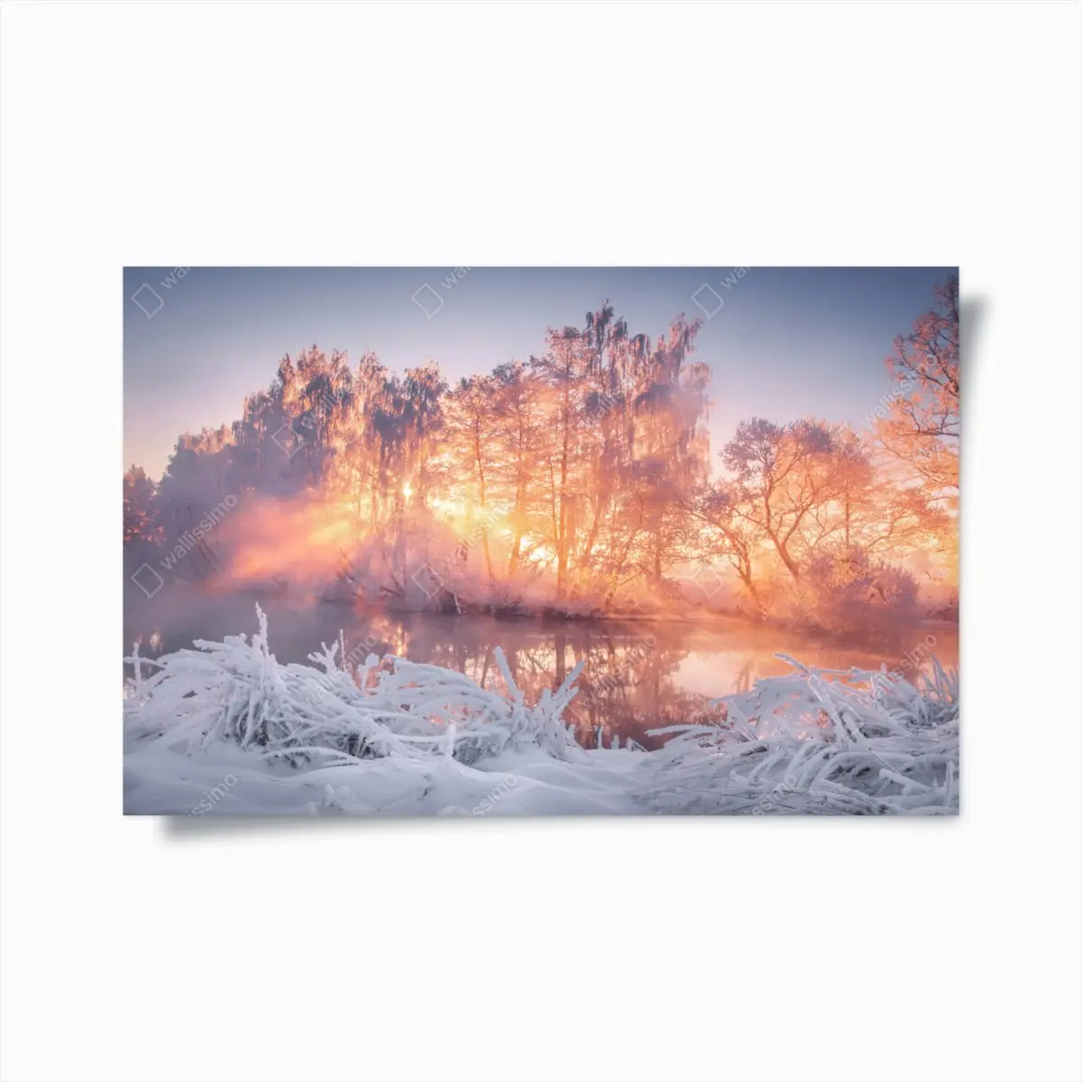 Poster winterlicher sonnenaufgang über zugefrorenem fluss – Pixers®