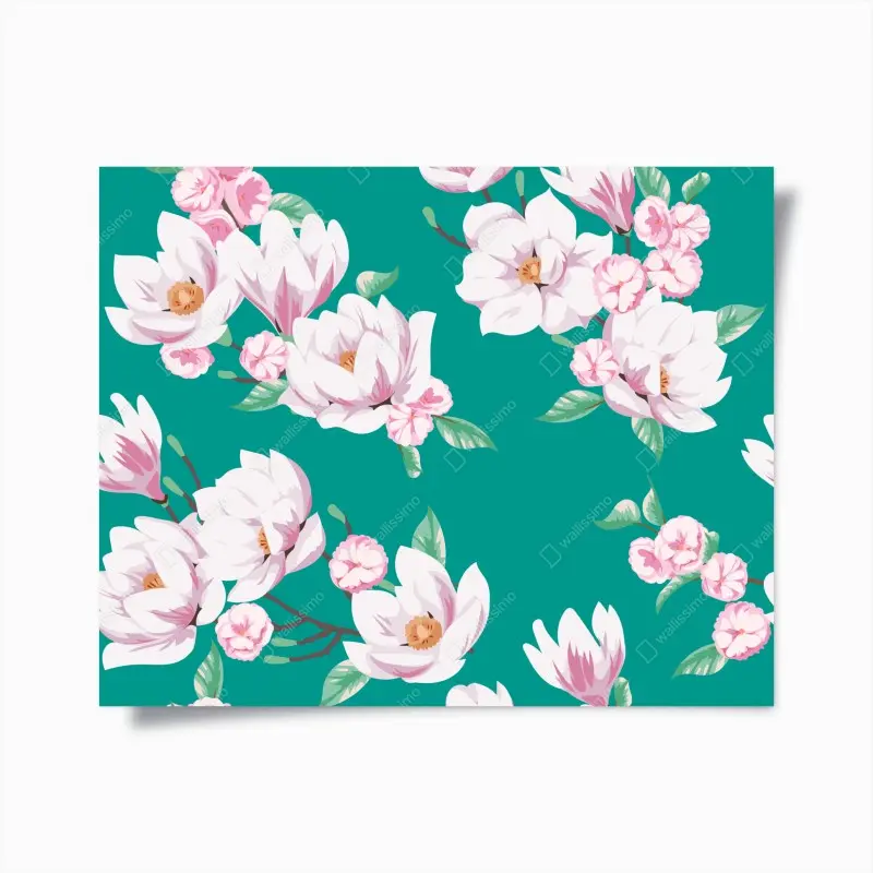 Poster pastell magnolienmuster auf türkisfarbenem hintergrund