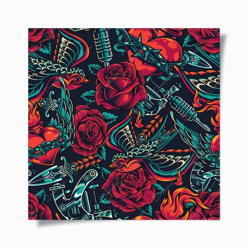 Poster kräftiges tätowierungsmuster mit rosen