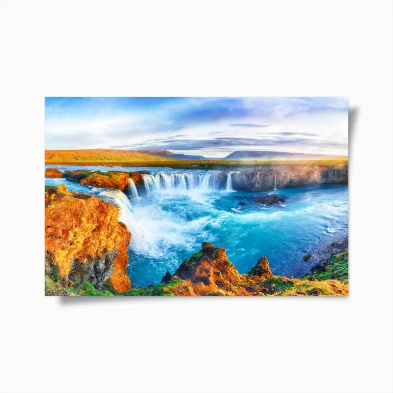 Poster panorama des wasserfalls Godafoss bei sonnenaufgang