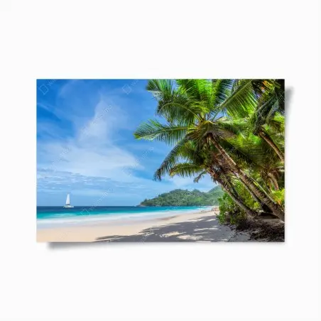 Poster tropischer strand mit palmen und segelboot – Pixers®