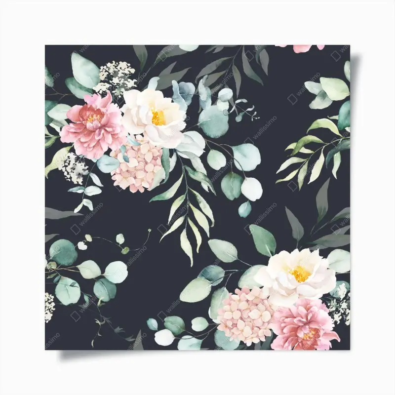 Poster elegantes aquarell-blumenmuster auf dunklem hintergrund
