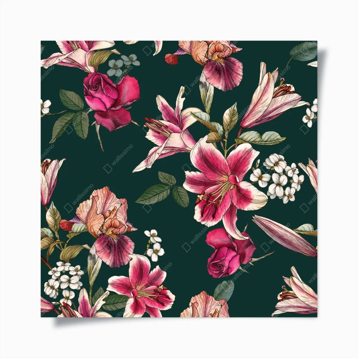 Poster vintage botanisches floralmuster auf tiefgrün – Pixers®