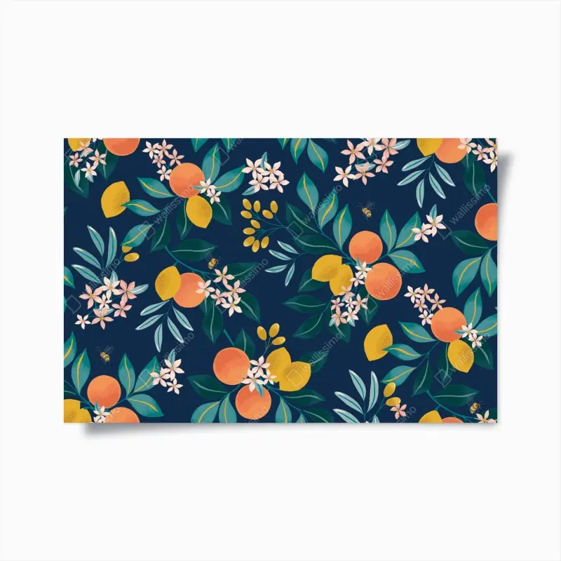 Poster botanisches zitronen- und orangenmuster auf marineblauem hintergrund