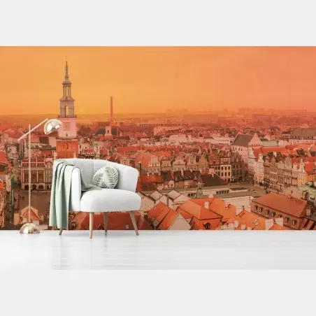 Fototapete warmer sonnenuntergang über historischen stadtdächern – Pixers®