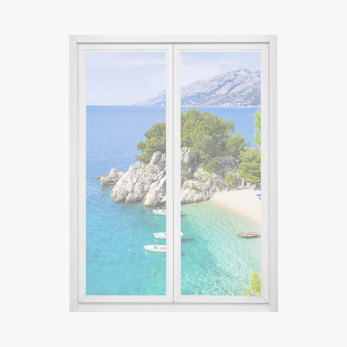 Fensteraufkleber ruhige türkisfarbene bucht mit booten – Pixers®