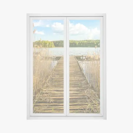 Fensteraufkleber hölzerner steg zum ruhigen see – Pixers®