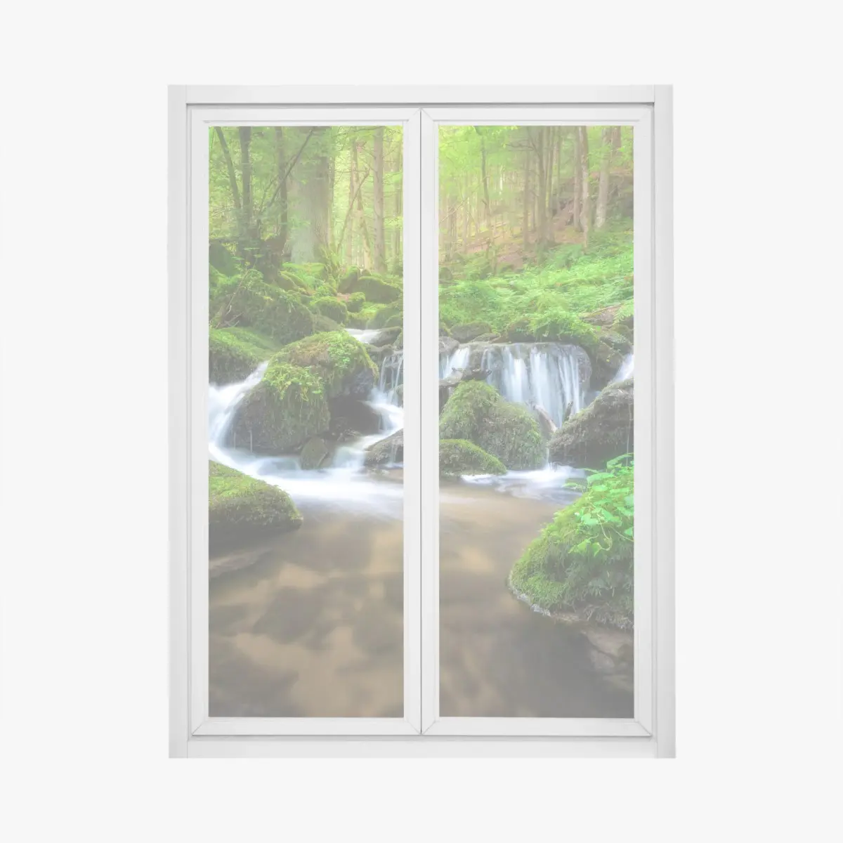 Fensteraufkleber ruhiger moosiger waldwasserfall – Pixers®