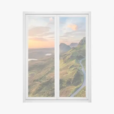 Fensteraufkleber sonnenuntergang über grünen hügeln – Pixers®