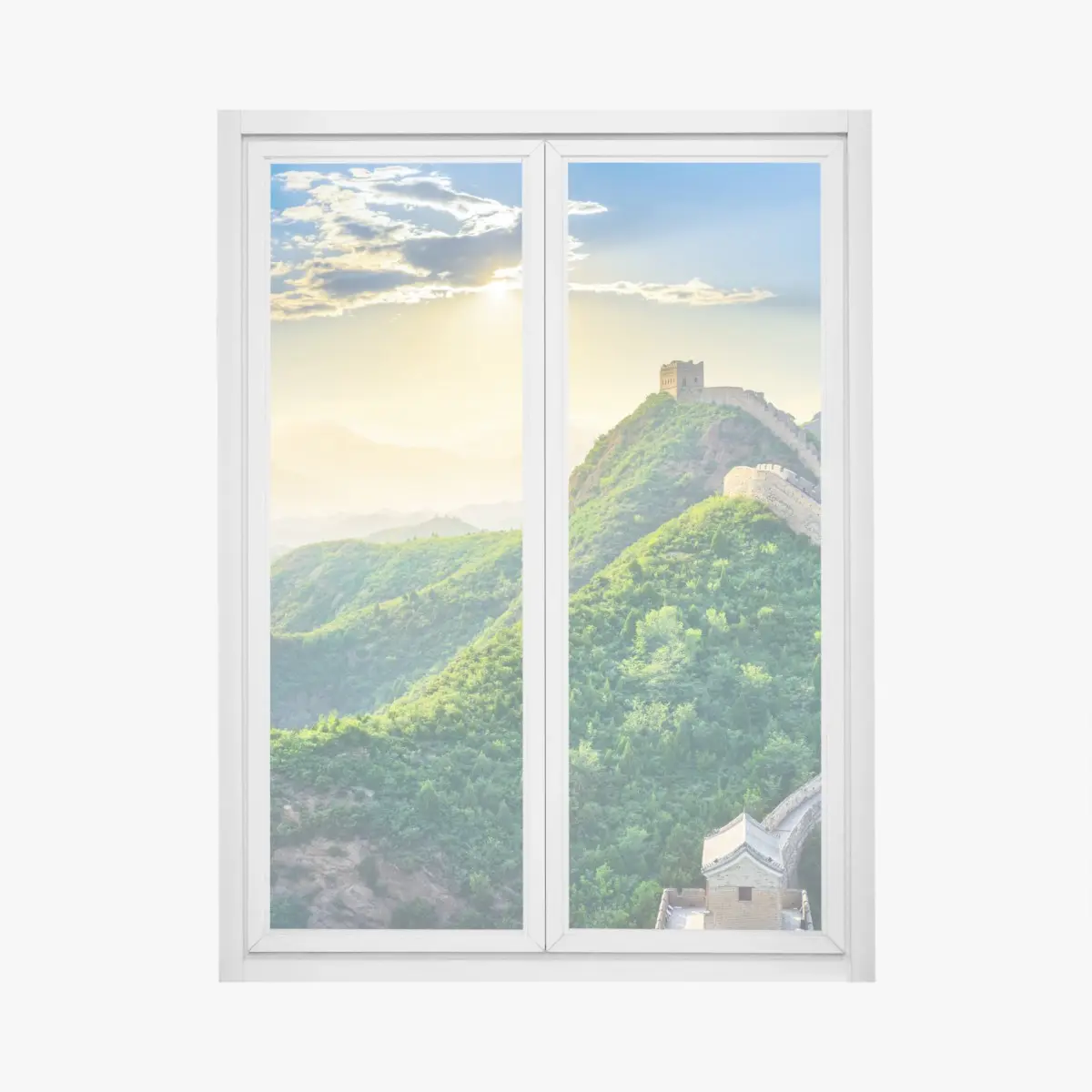 Fensteraufkleber Chinesische Mauer bei sonnenaufgang über grünen bergen – Pixers®