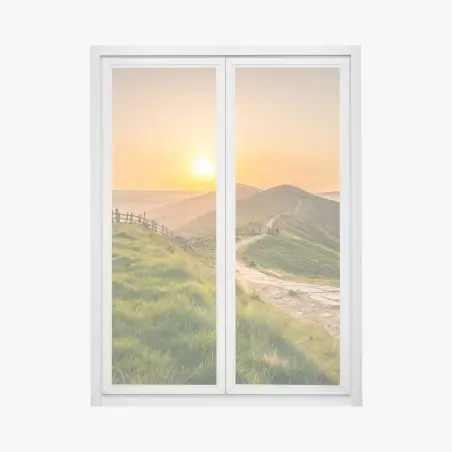 Fensteraufkleber sonnenaufgang über grünen hügeln – Pixers®