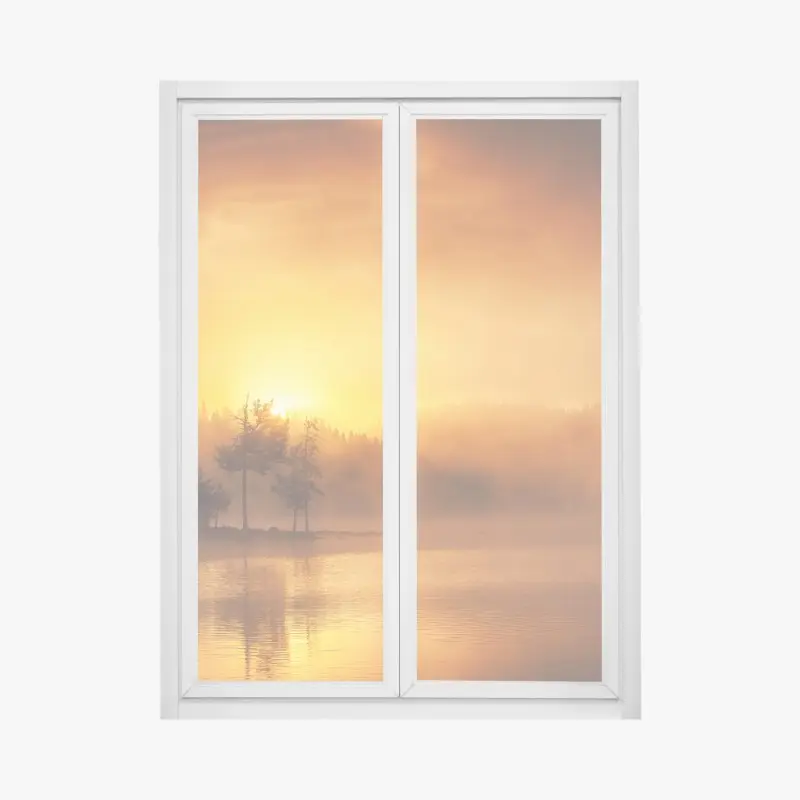 Fensteraufkleber goldener sonnenaufgang über dem nebligen see