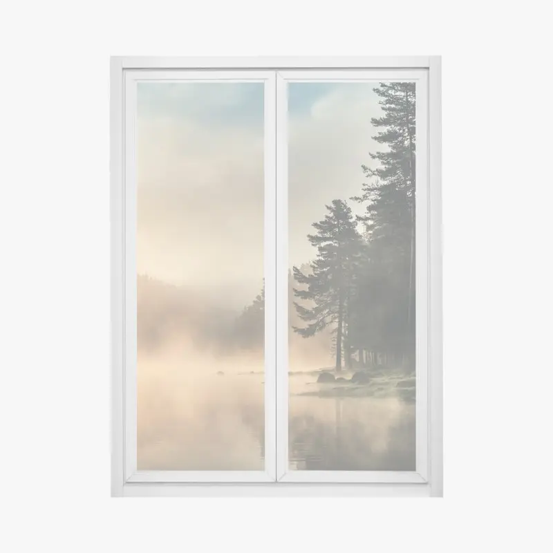 Fensteraufkleber nebliger sonnenaufgang über waldsee