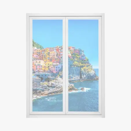 Fensteraufkleber farbenfrohes dorf am klippenmeer – Pixers®