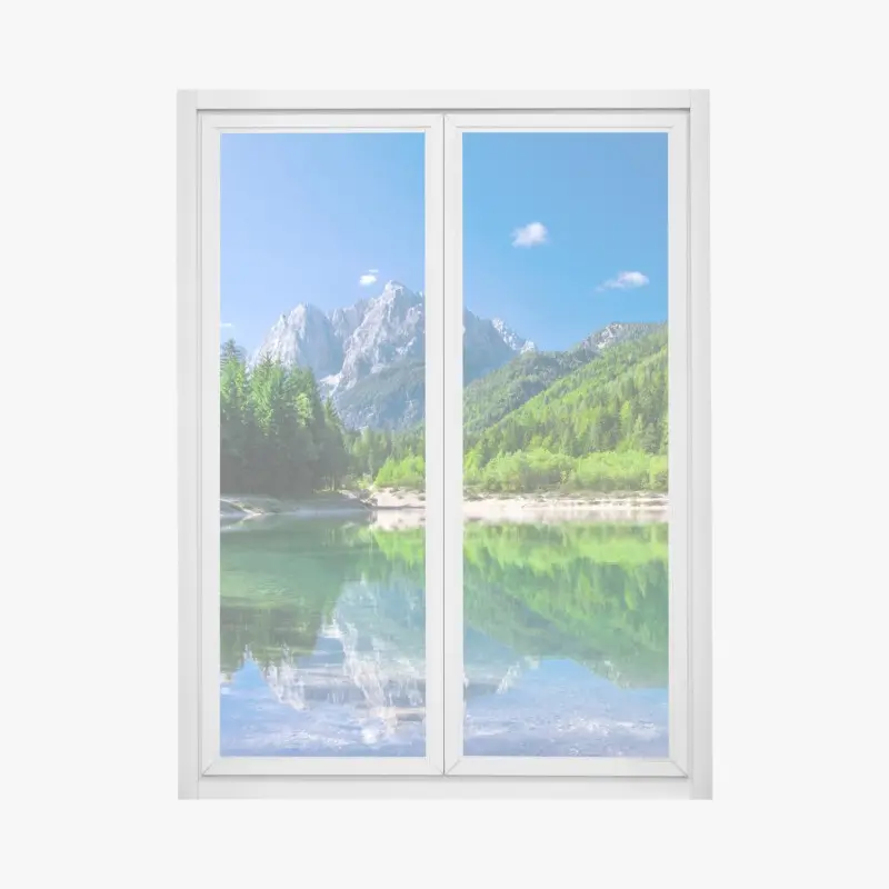 Fensteraufkleber alpiner see mit spiegelung in grünen bergen