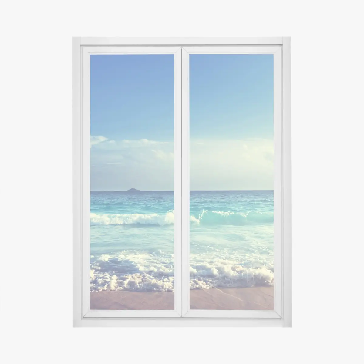 Fensteraufkleber strand auf den Seychellen bei sonnenuntergang – Pixers®