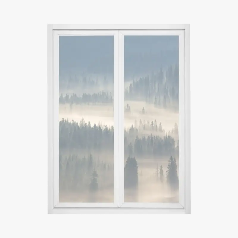 Fensteraufkleber nebliger nadelwald im morgengrauen
