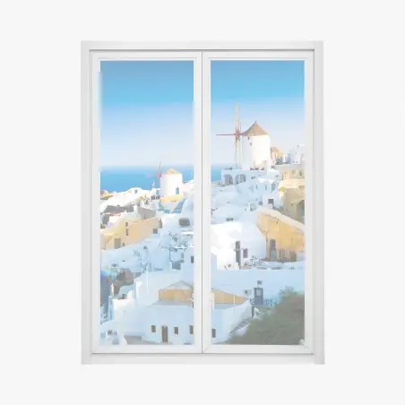 Fensteraufkleber sonnenbeschienenes Santorini-dorf am meer – Pixers®