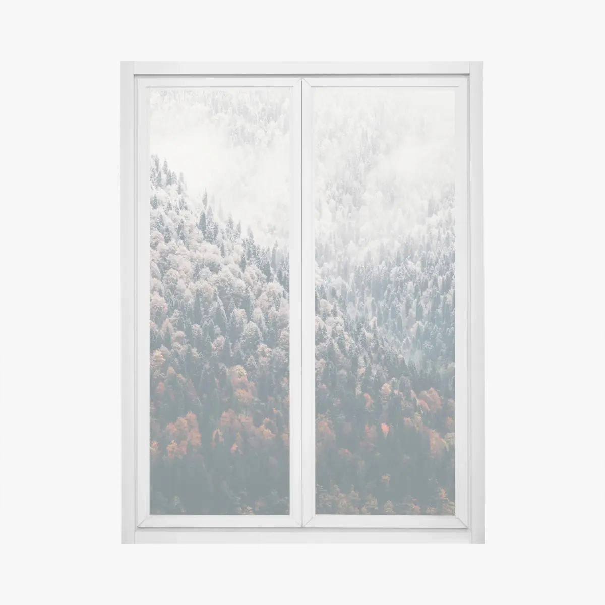 Fensteraufkleber nebliger herbstwald am schneebedeckten berg – Pixers®