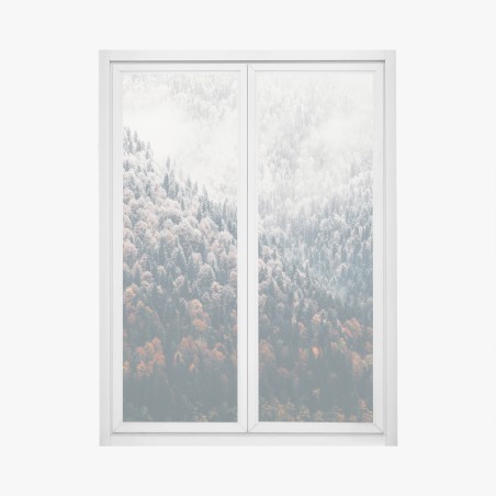 Fensteraufkleber nebliger herbstwald am schneebedeckten berg – Pixers®