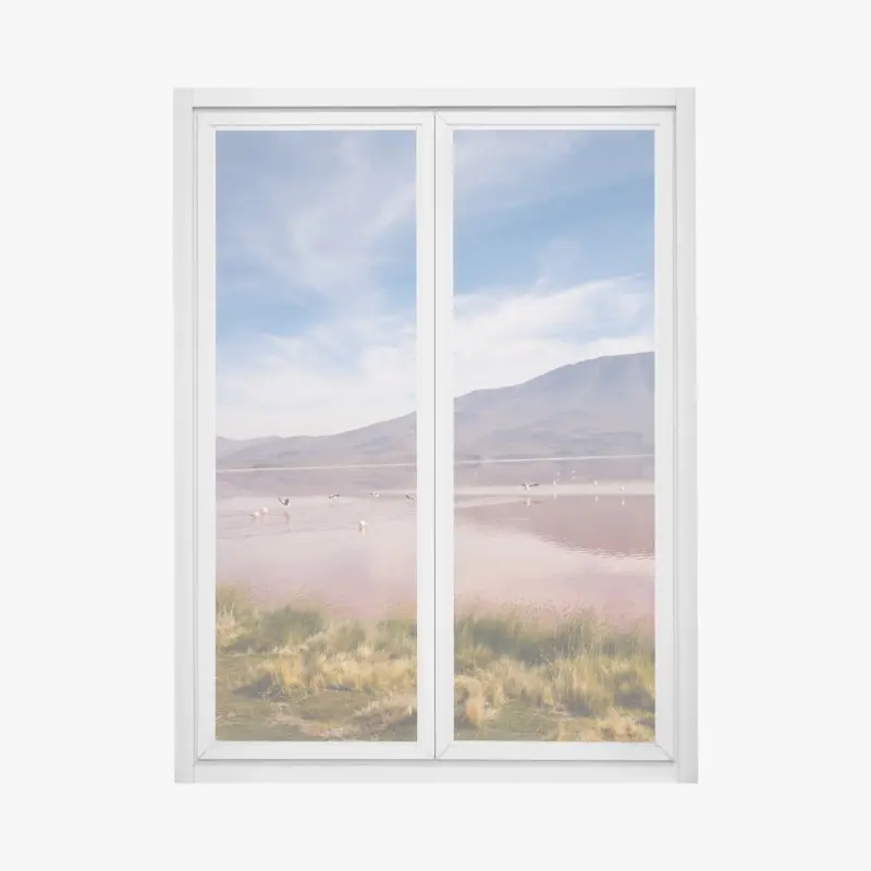 Fensteraufkleber rosa lagune mit flamingos und bergspiegelung