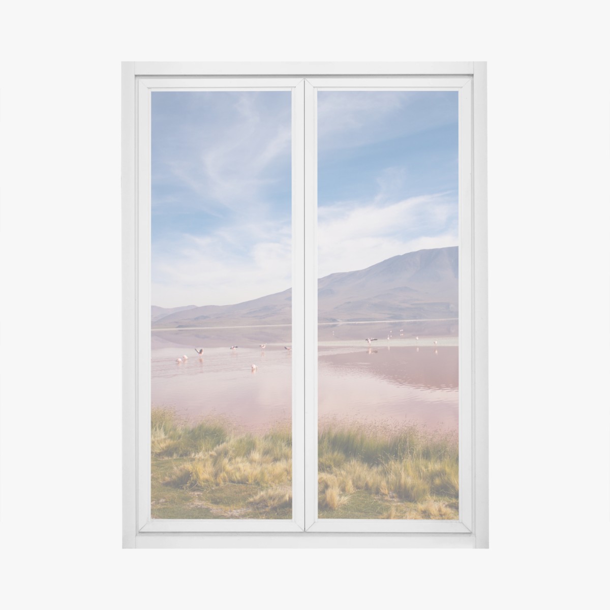 Fensteraufkleber rosa lagune mit flamingos und bergspiegelung – Pixers®