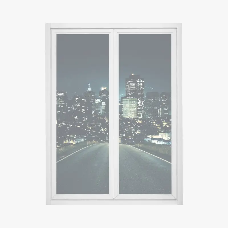 Fensteraufkleber straße zur beleuchteten stadtsilhouette bei nacht