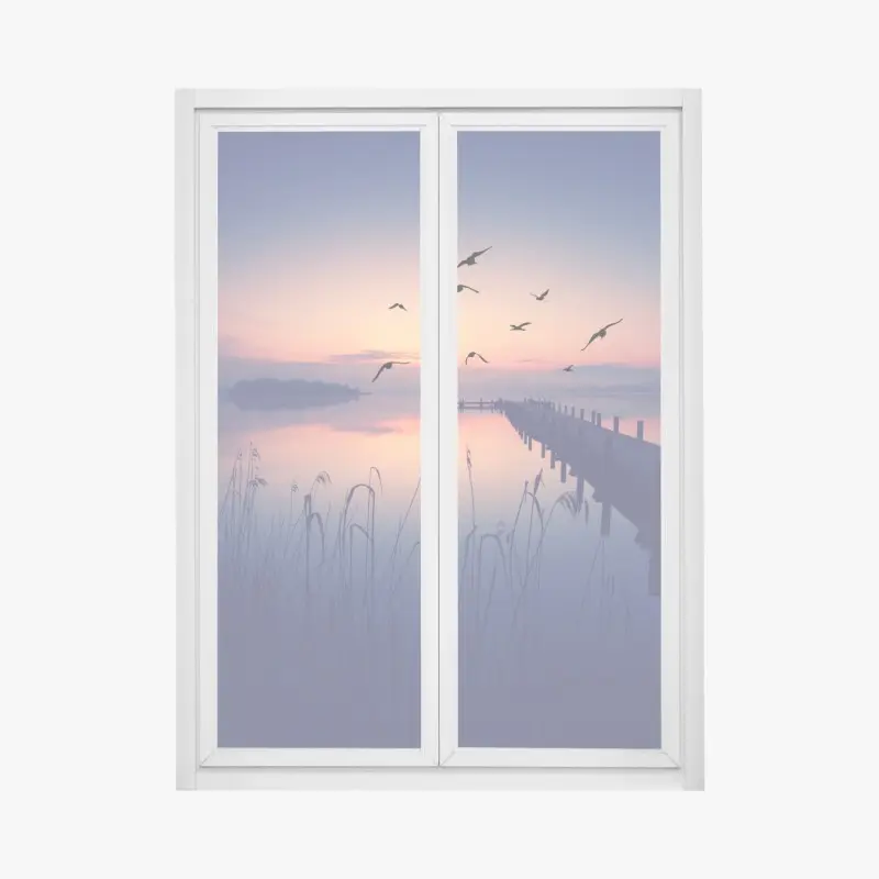 Fensteraufkleber ruhiger sonnenaufgang am see mit vögeln