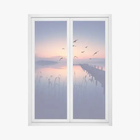 Fensteraufkleber ruhiger sonnenaufgang am see mit vögeln – Pixers®