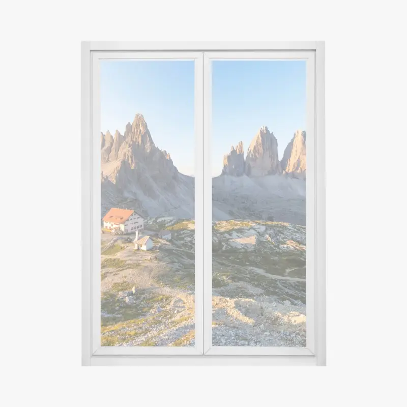 Fensteraufkleber sonnenbeschienene berghütte und alpine gipfel