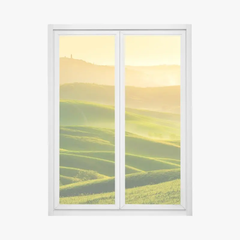 Fensteraufkleber goldener sonnenaufgang über sanften grünen hügeln